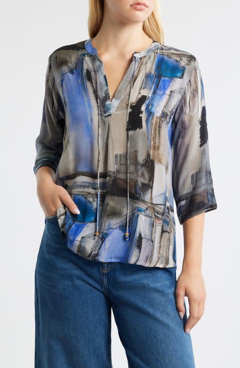 Print Tassel Split Neck Chiffon Top