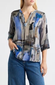 APNY Print Tassel Split Neck Chiffon Top