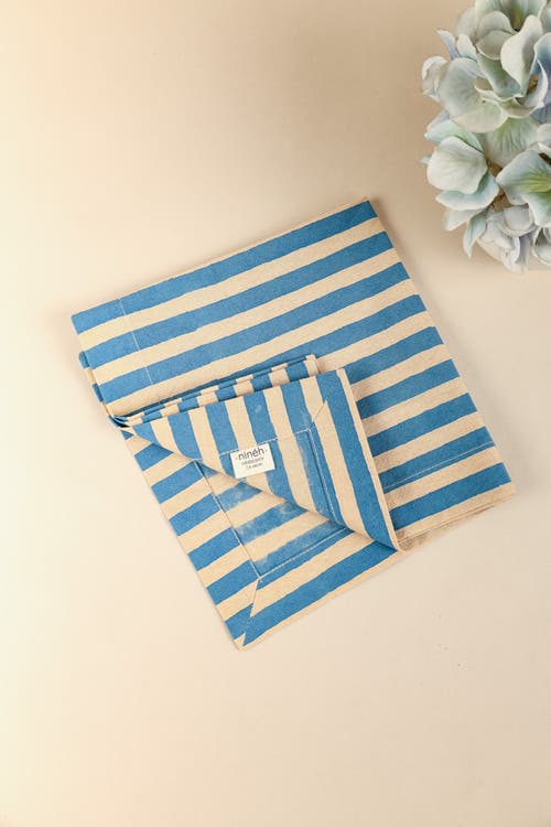 Ninéh Oh! Stripes (lime) Block Print Napkins, Set Of 4 In Blue