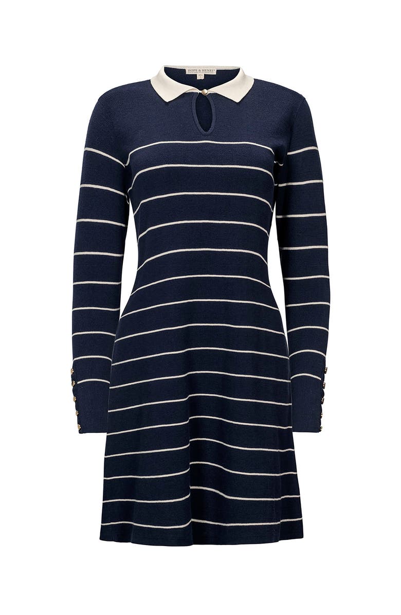 Hope & Henry Organic Long Sleeve Collared Sweater Dress, Alternate, color, Navy Breton Stripe