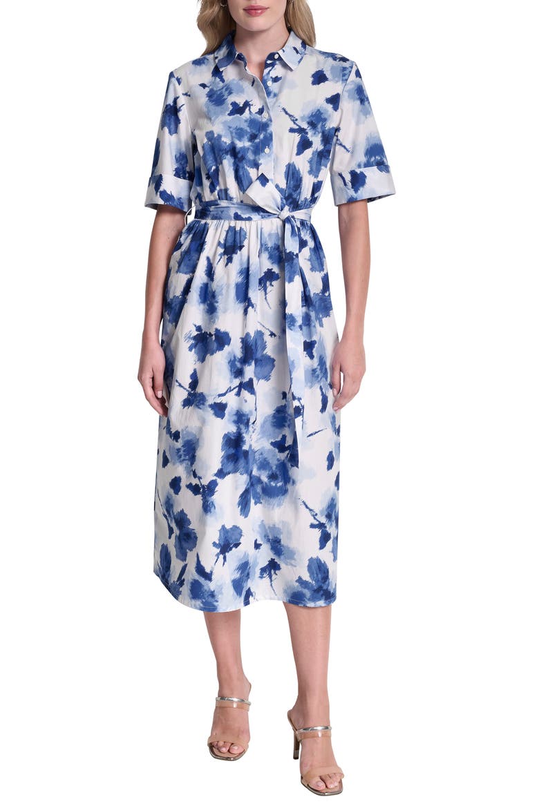 Printed Tie Waist Shirtdress, Main, color, CORNFLOWER