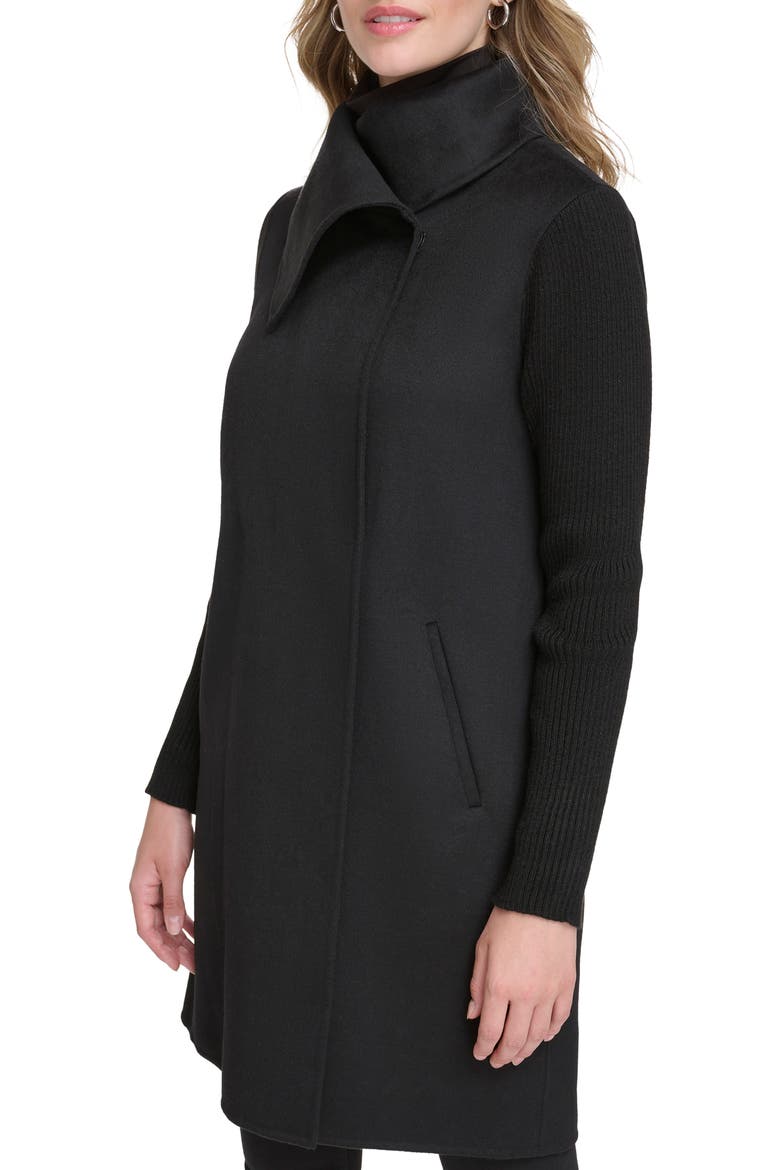 Rib Sleeve Mixed Media Coat, Alternate, color, BLACK