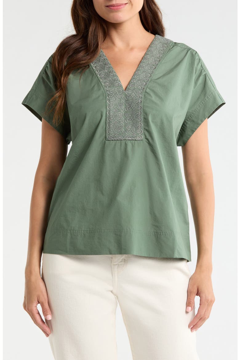 Oceana Isle Embroidered Cotton Popover Top, Main, color, DARK JADE