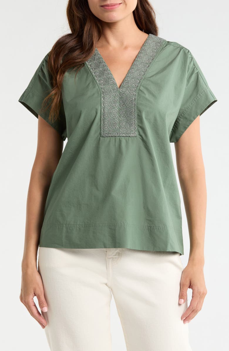 Tommy Bahama Oceana Isle Embroidered Cotton Popover Top, Main, color, Dark Jade