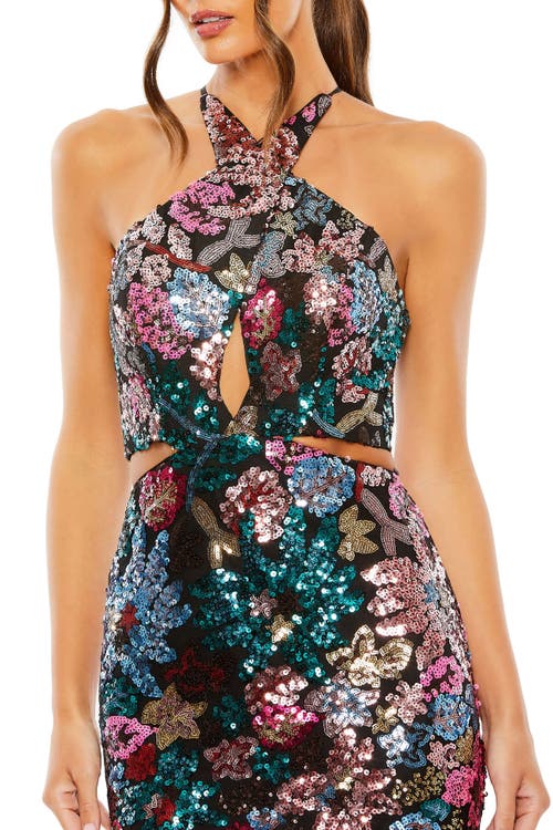 Mac Duggal Sequin Embellished Crossover Halter Neck Gown In Black Multi