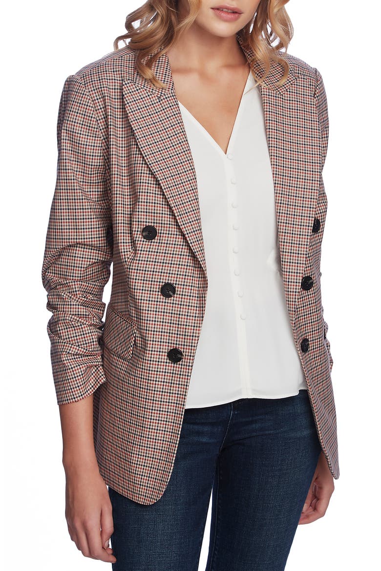 Minicheck Ruched Sleeve Blazer, Main, color, CLASSIC CAMEL