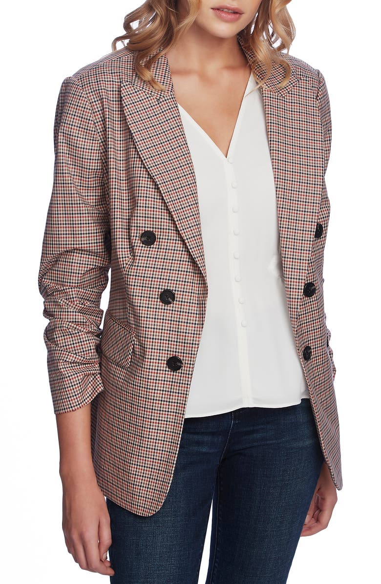 1.STATE Minicheck Ruched Sleeve Blazer, Main, color,