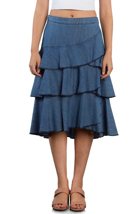Petal Tiered Denim Midi Skirt