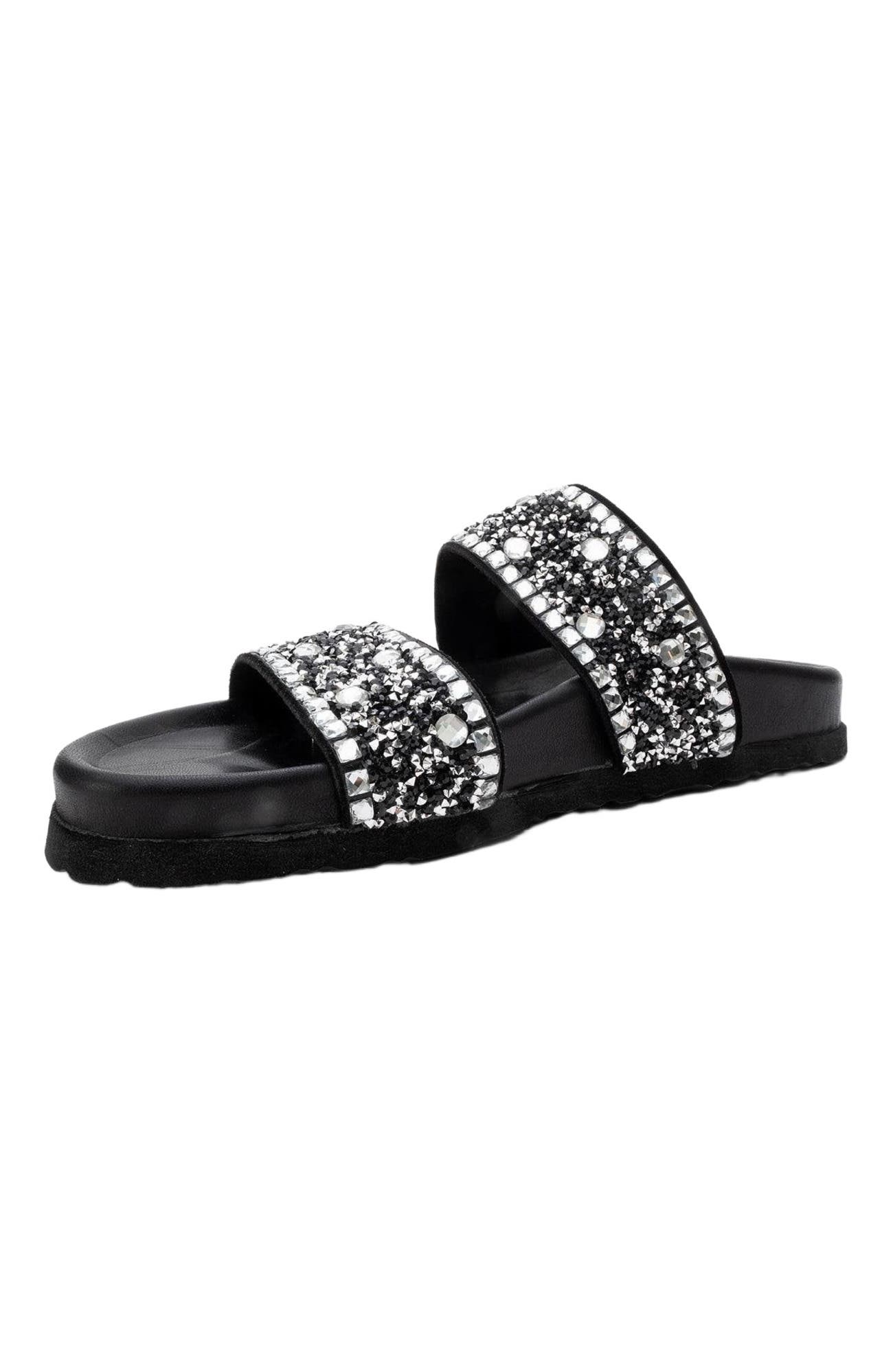 Forever & Always Shoes Jamie Leather Double Strap Slide Sandal with Stones, Alternate, color, Black Leather