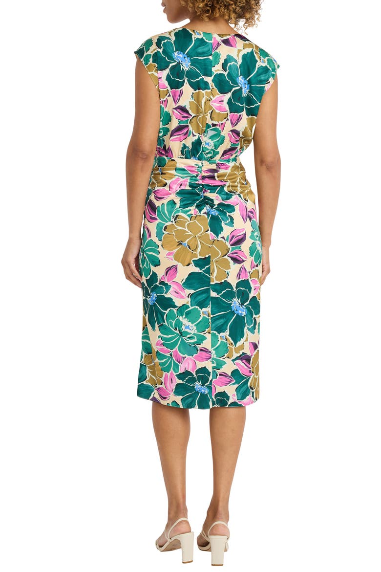 Floral Drape Detail Midi Dress, Alternate, color, CHAMPAGNE/ TEAL