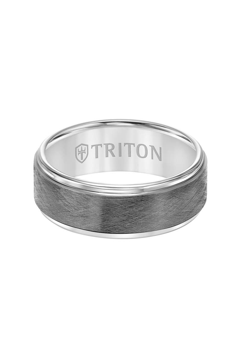 8MM Tungsten Carbide Ring with Gunmetal Crystalline Center and Step Edge, Alternate, color, Metallic Silver