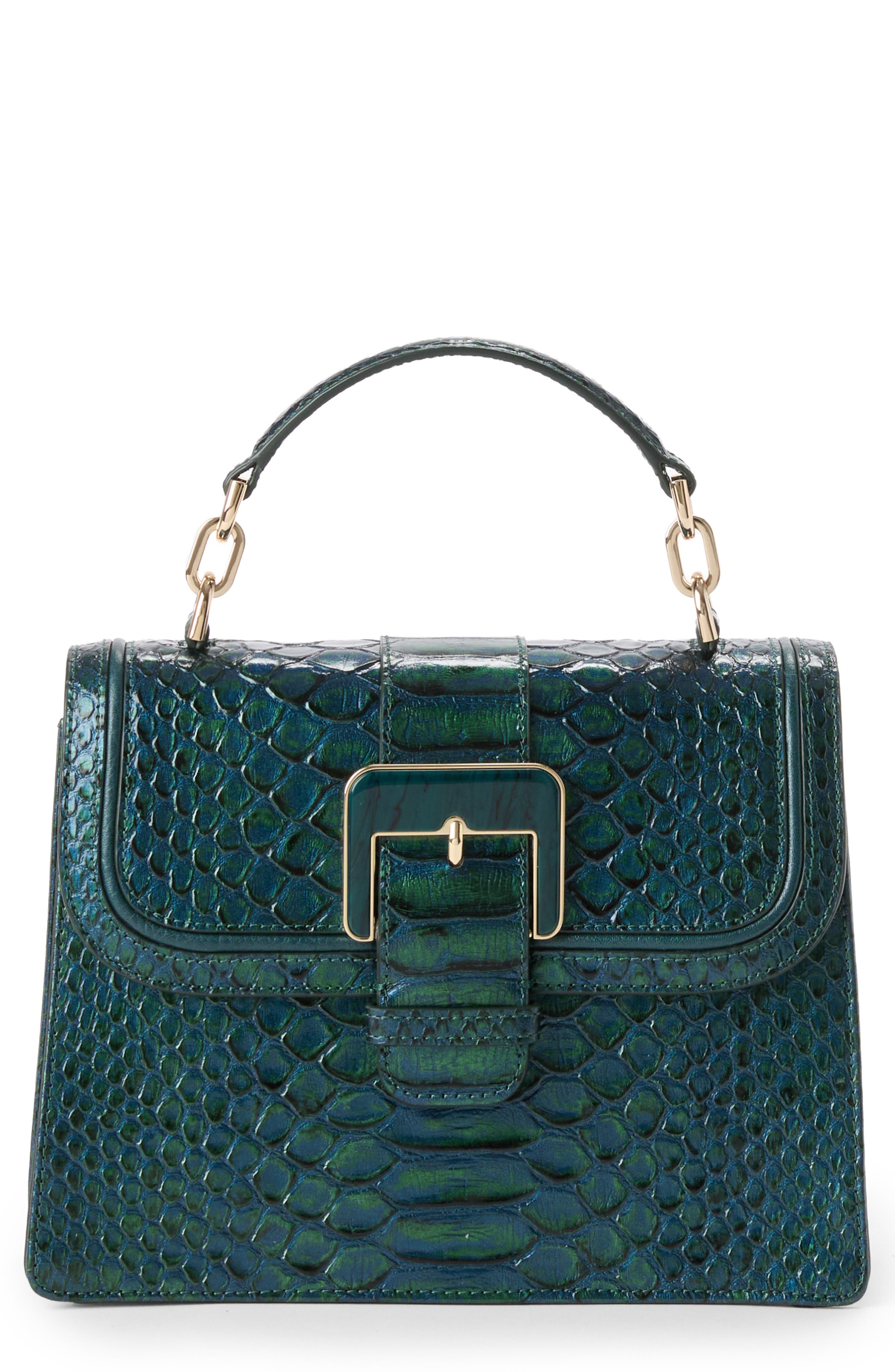 Brahmin Hallie Small Croc Embossed Leather Top Handle Bag in Evergreen 