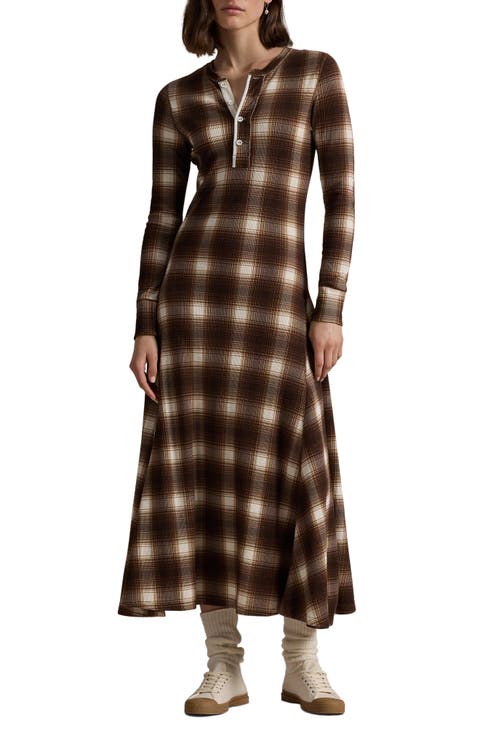 Plaid Long Sleeve Cotton Waffle Maxi Dress