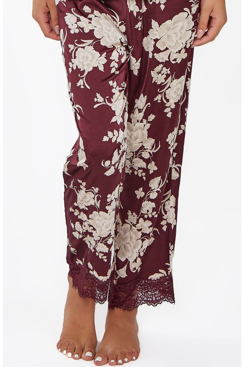 Floral Print Lace-Trim Satin Pajama Set, Alternate, color, Burgundy