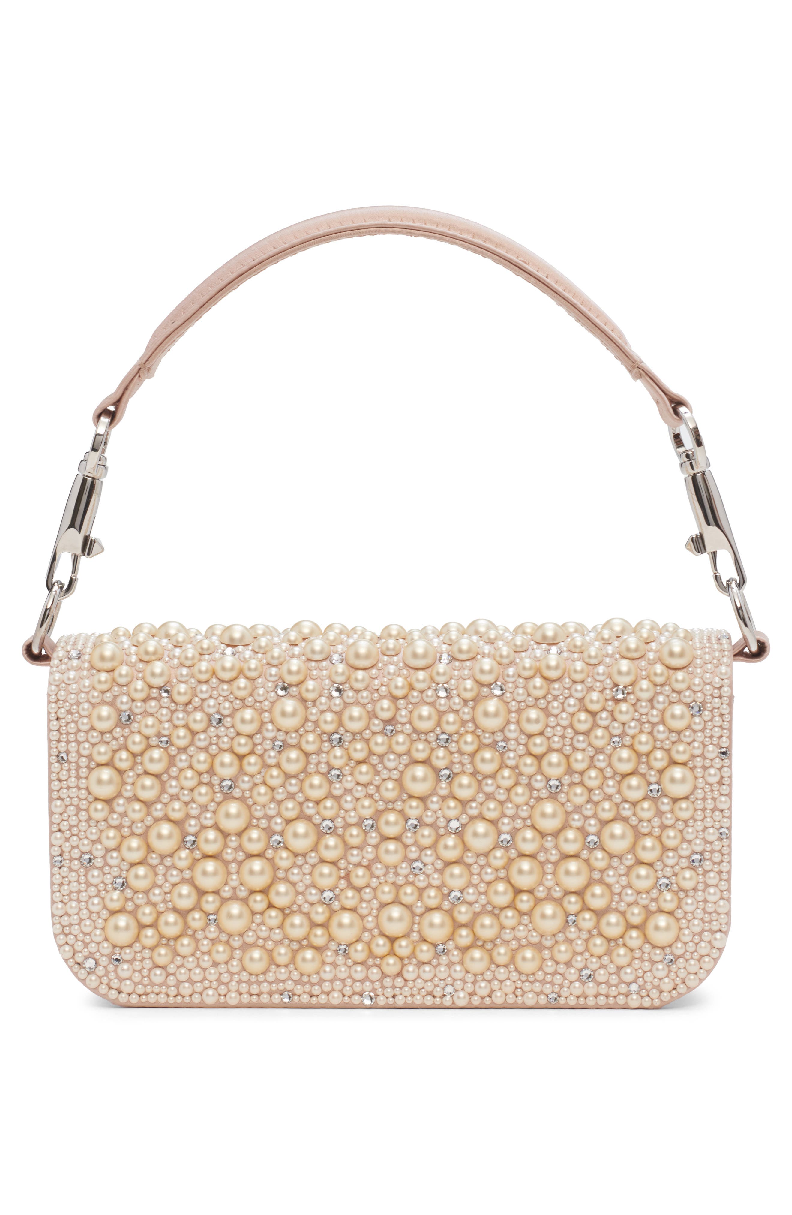 Valentino Garavani Small Locò VLOGO Faux Pearl & Crystal Embellished Satin Shoulder Bag, Alternate, color, White/ Cream