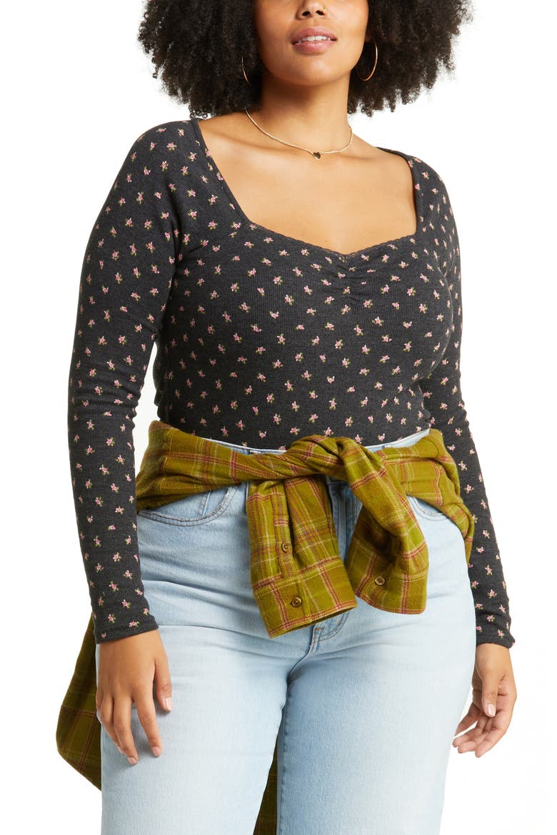 Floral Print Thermal Long Sleeve Baby Tee, Main, color, BLACK ROSETTE DITSY