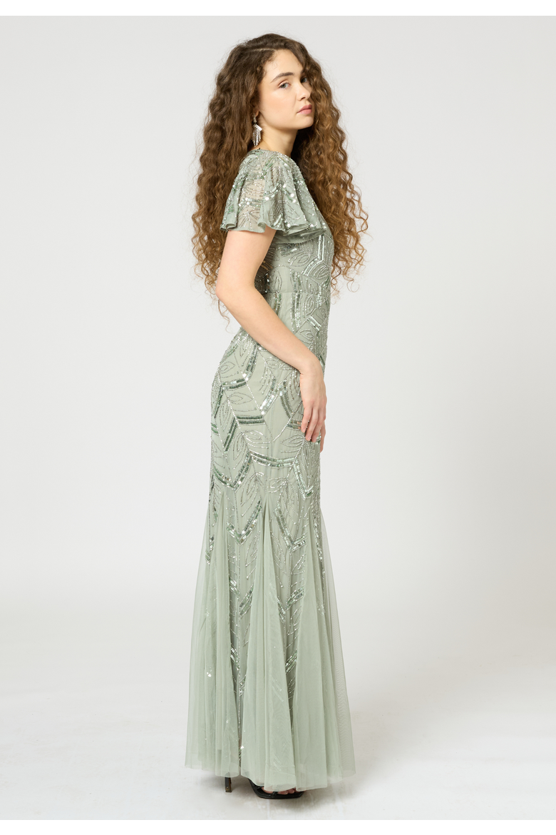 Embellished Sequin Beaded Maxi Dress With Short Sleeve, Alternate, color, SAGE GREEN