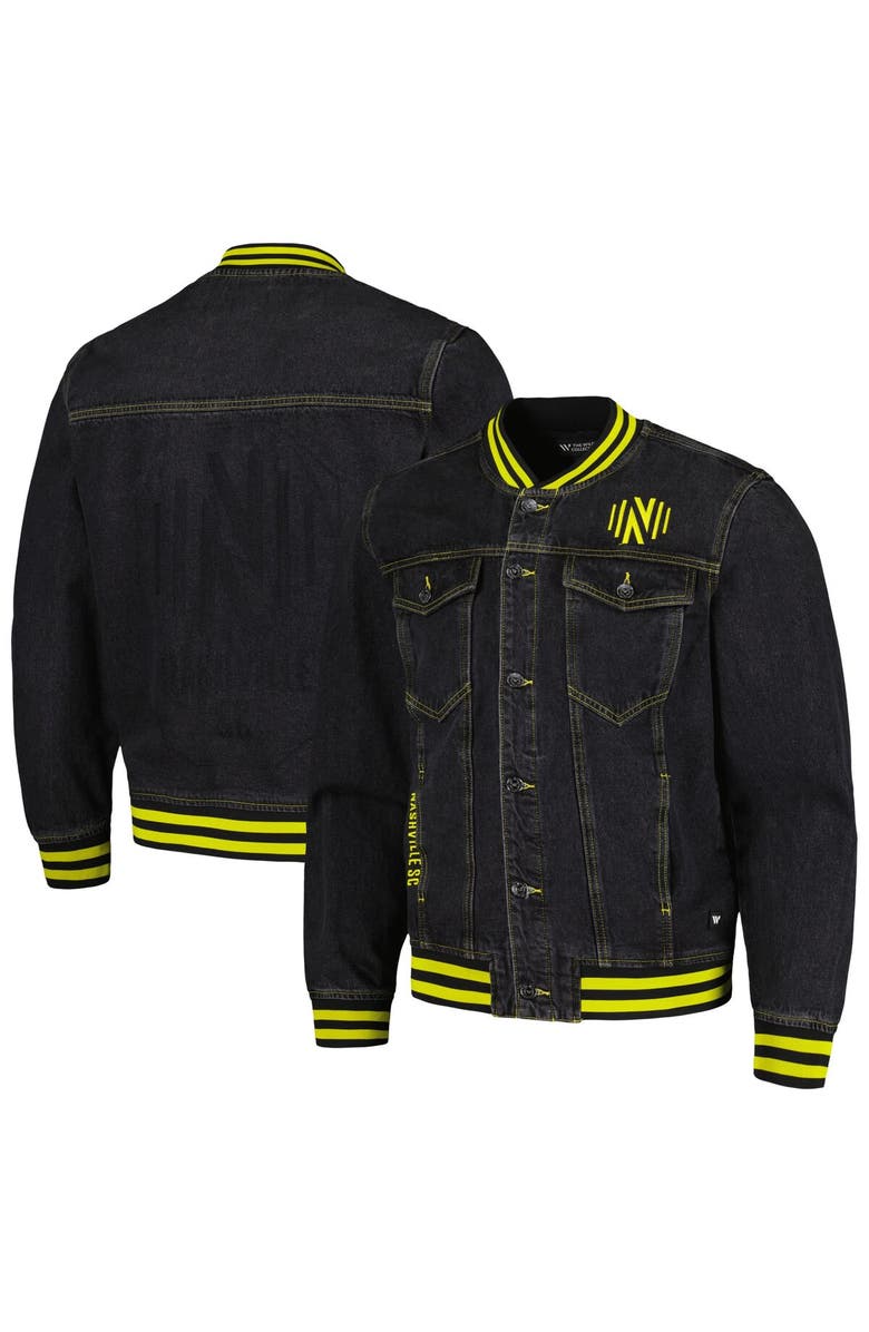 THE WILD COLLECTIVE Men's The Wild Collective Black Nashville SC Denim Full-Button Bomber Jacket, Main, color, Black
