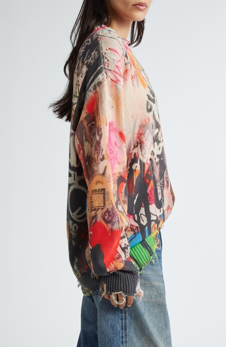 R13 Graffiti Print Distressed Cotton Sweater, Alternate, color, 