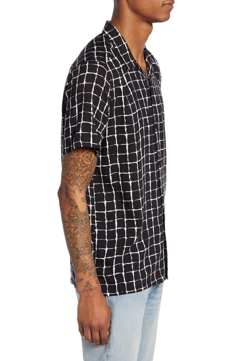 Geo Print Short Sleeve Button-Up Camp Shirt, Alternate, color, BLACK MULTI