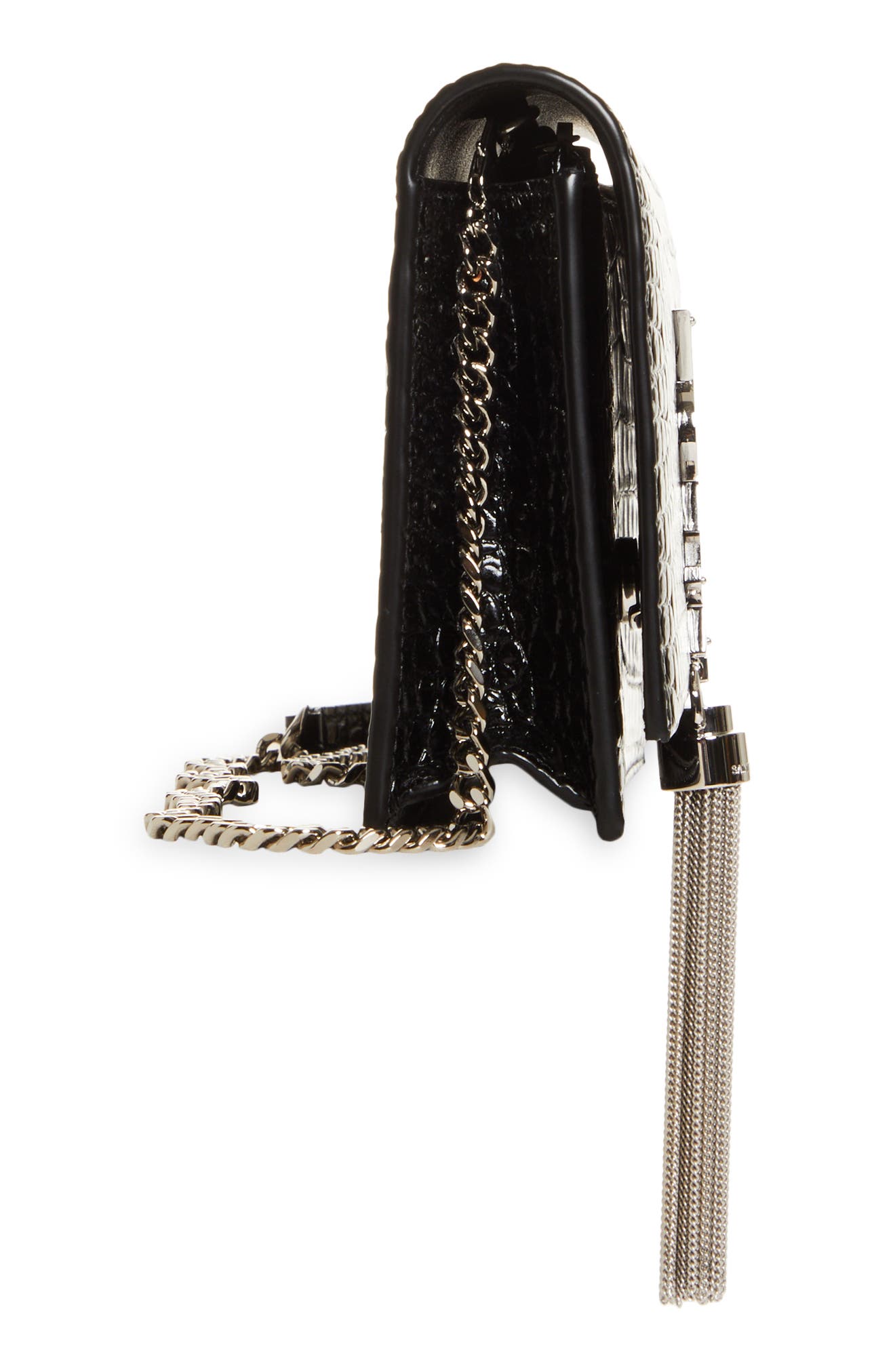 Kate Croc Embossed Leather Wallet on a Chain, Alternate, color, NERO