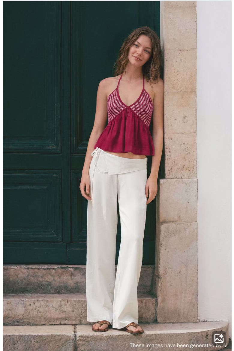 Mixed Media Cotton Crochet Halter Top, Alternate, color, MAROON
