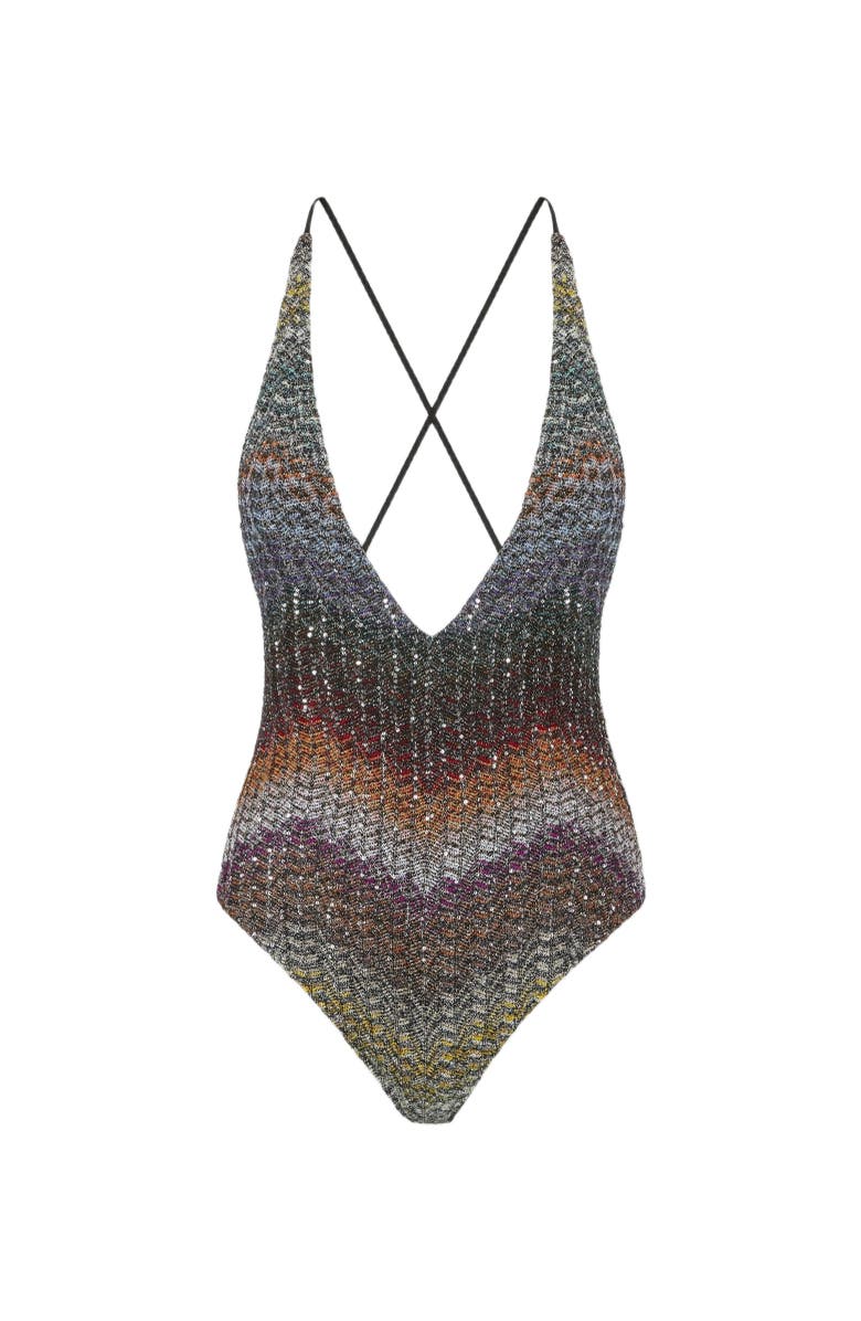 Missoni One-piece V-neck Swimsuit In A Greek-style Zigzag Knit With Sequins, Alternate, color, Multicoloured