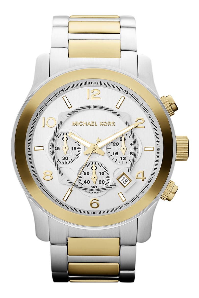 Michael Kors 'Large Runway' Two Tone Chronograph Watch, Main, color, GOLD/ SILVER