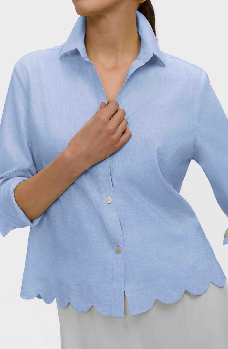 Foxcroft Scarlett Scallop Hem Linen Blend Button-Up Shirt, Alternate, color, Powder Blue