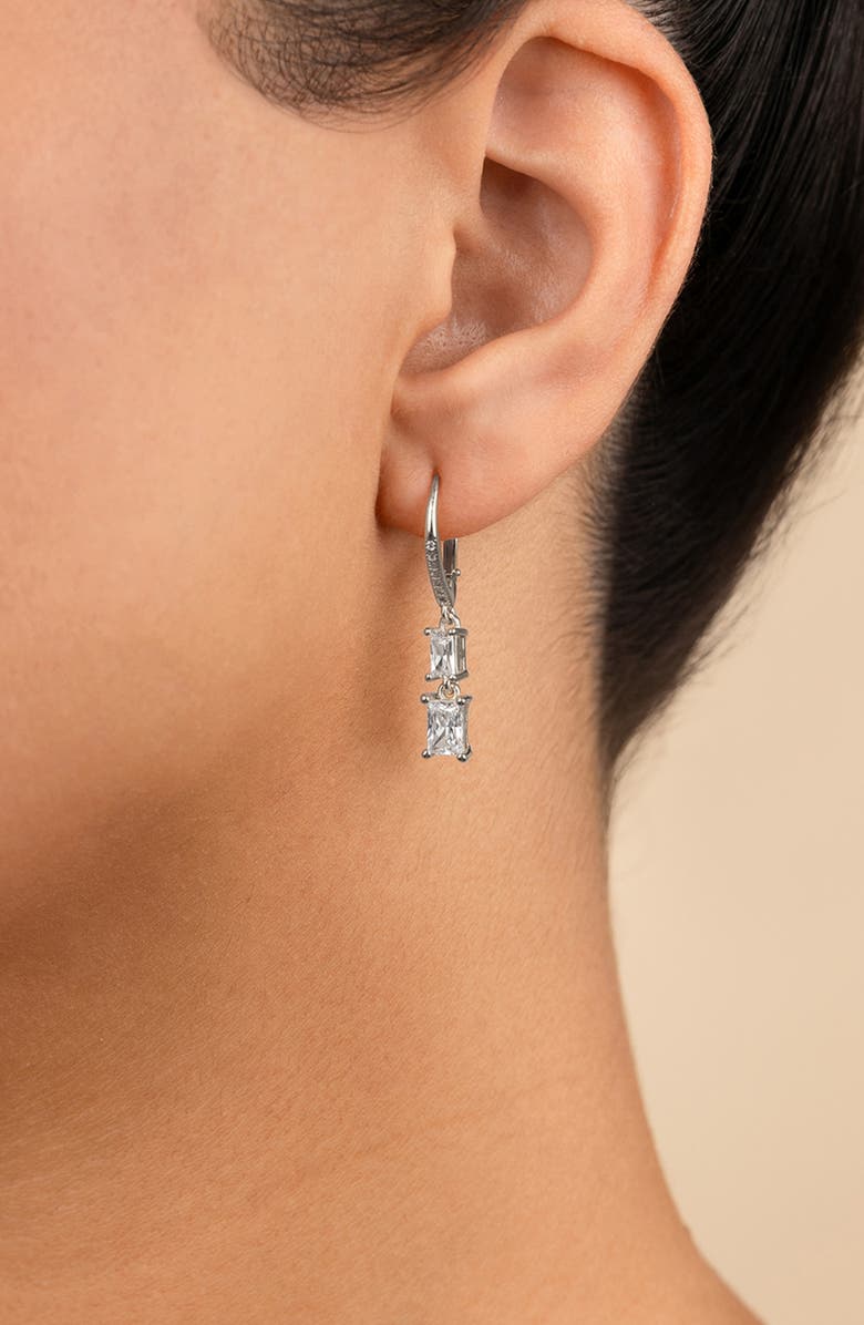 Sterling Forever Eulalia Emerald Cubic Zirconia Drop Hoop Earrings, Alternate, color, Silver