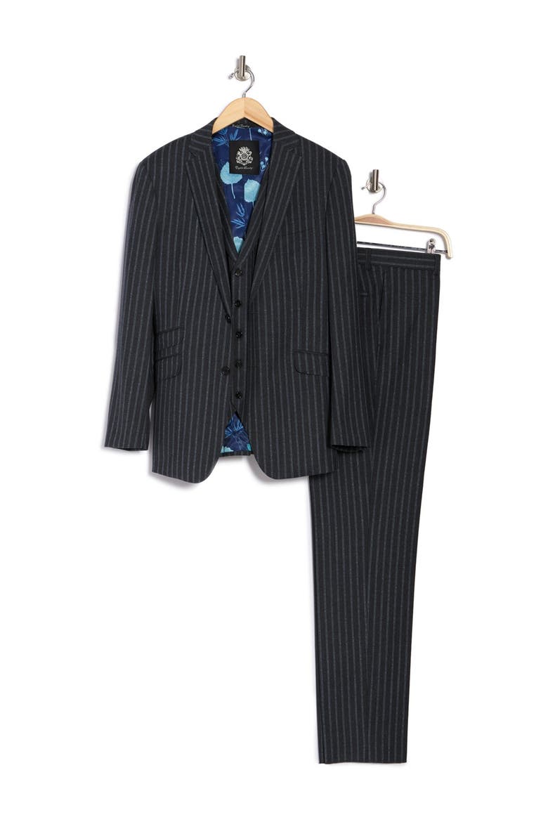 Dark Grey Stripe Two Button Notch Lapel Wool Slim Fit 3-Piece Suit, Alternate, color, DARK GRAY
