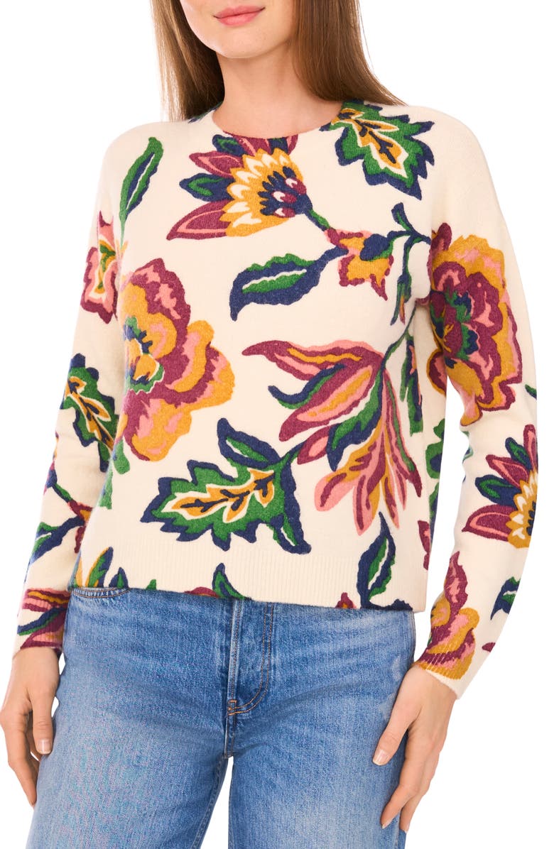 CeCe Floral Jacquard Sweater, Main, color, New Ivory