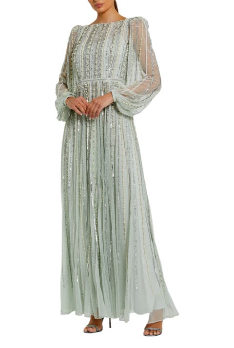 Women's Embellished Long Sleeve A-Line Evening Gown