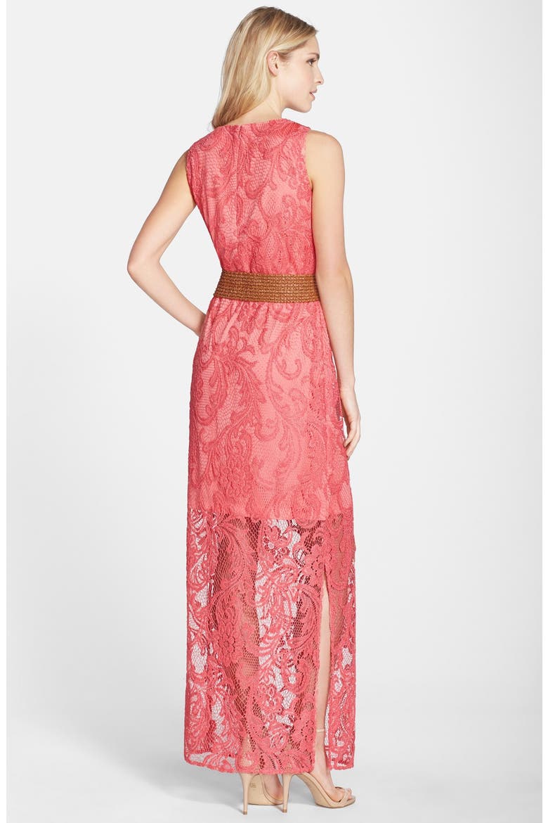 Belted Lace Maxi Dress, Alternate, color, CORAL