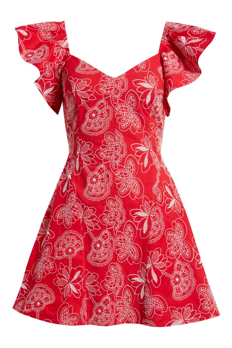 Giovana Floral Embroidery Flutter Sleeve Cotton Minidress, Alternate, color, HOT CORAL