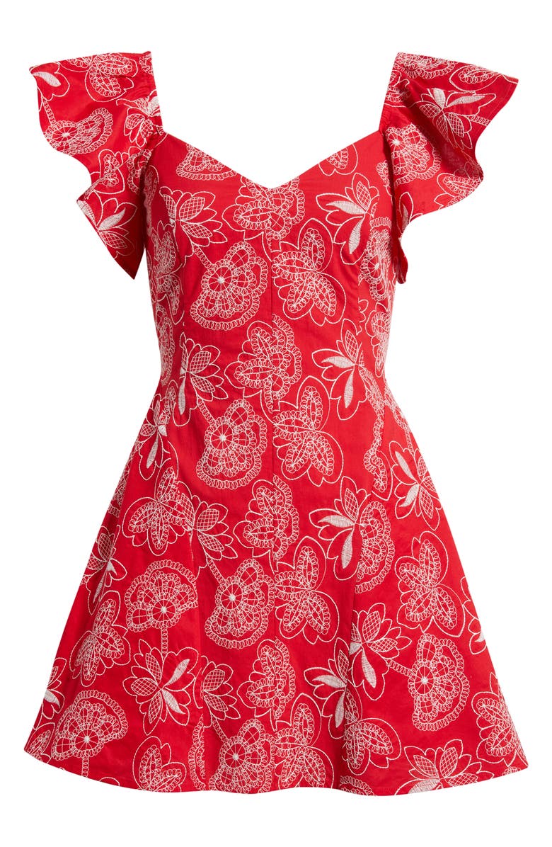 LAYERED WITH LOVE Giovana Floral Embroidery Flutter Sleeve Cotton Minidress, Alternate, color, Hot Coral