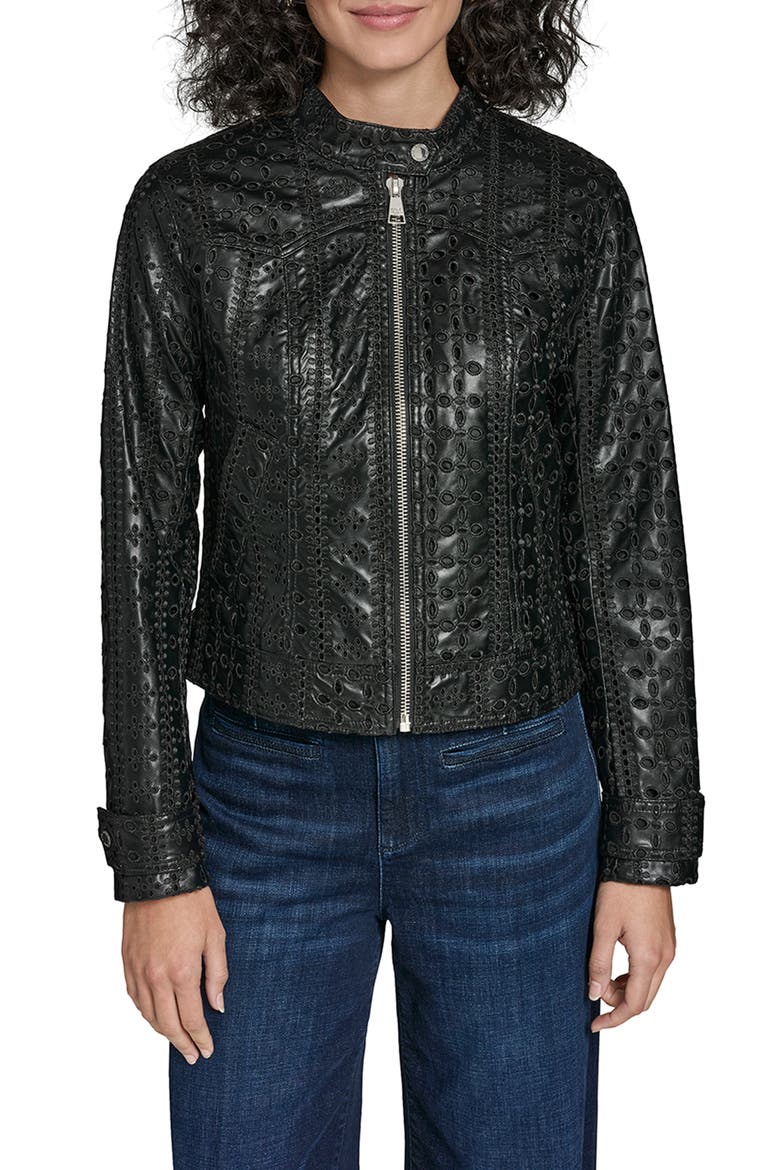 Eyelet Faux Leather Jacket, Main, color, BLACK