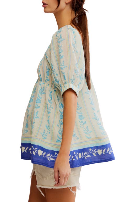Free People Santorini Print Embroidered Puff Sleeve Tunic Top In Ivory Sail Combo