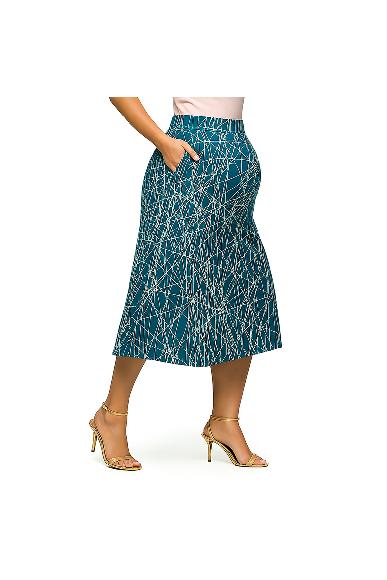 Maternity Teal Geometric Print Elastic Waist Pocket Midi Skirt, Alternate, color, Blue Multi