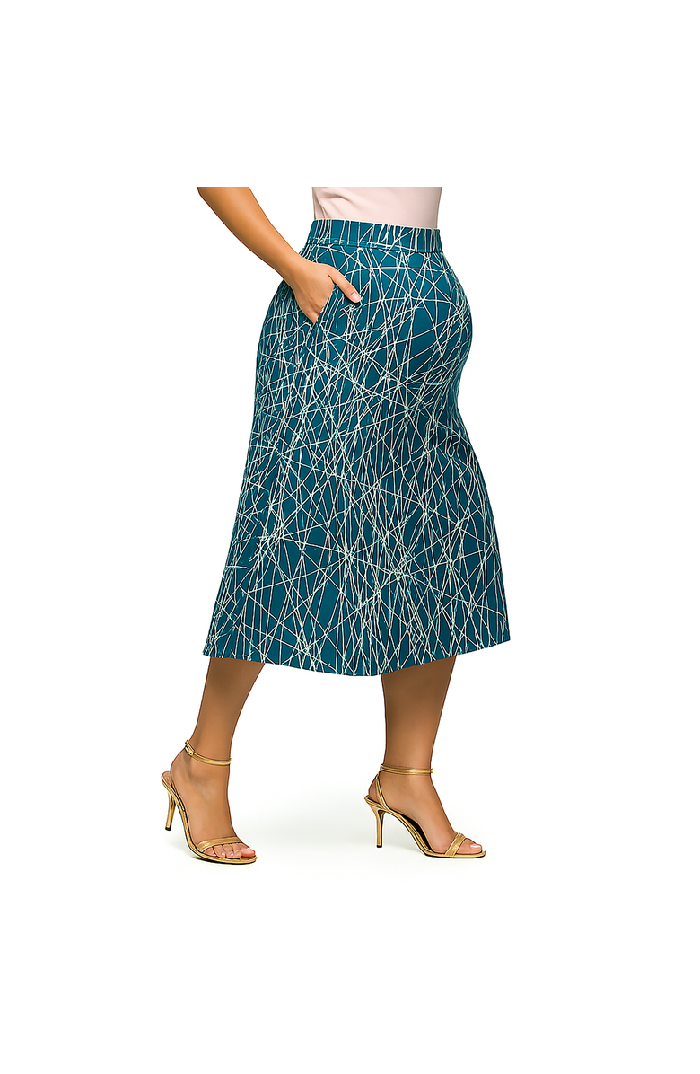 24seven Comfort Apparel Maternity Teal Geometric Print Elastic Waist Pocket Midi Skirt, Alternate, color, Blue Multi