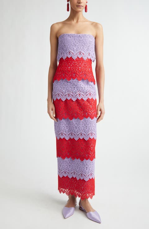 Colorblock Lace Strapless Column Dress