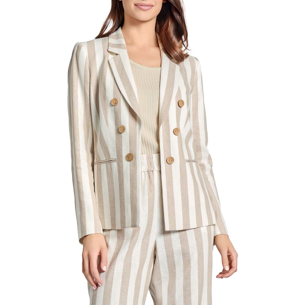 Shop Jones New York Stripe Linen Blend Faux Double Breasted Jacket In Natural Stone/jones White