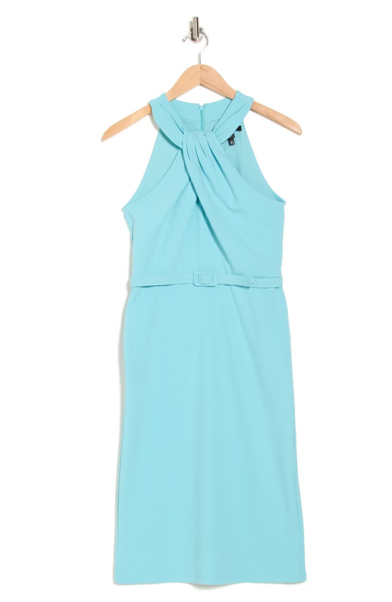 Maggy London Twist Neck Midi Sheath Dress, Alternate, color, Milky Blue