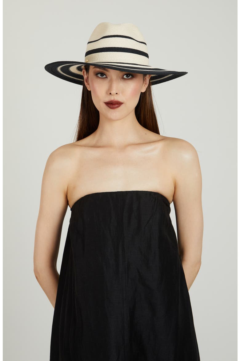 Emmanuelle Wide Brim Packable Straw Fedora, Alternate, color, IVORY/ BLACK