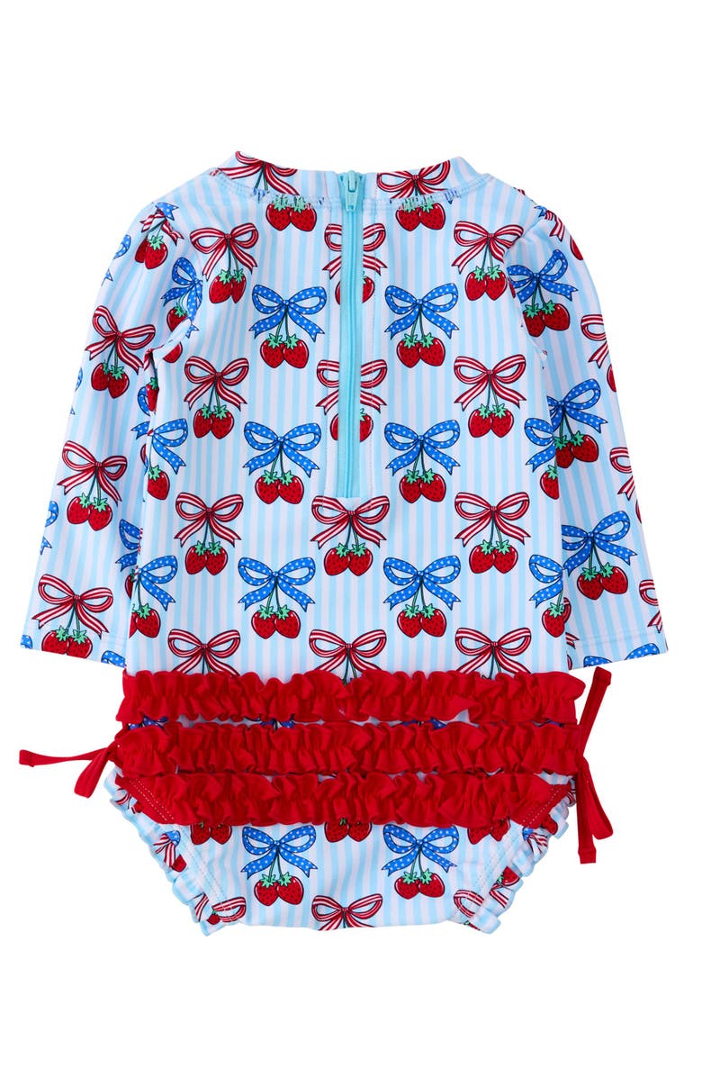 RuffleButts Baby Girls UPF50+ Sun Protected Americana Long Sleeve One Piece Rash Guard, Alternate, color, Berries & Bows