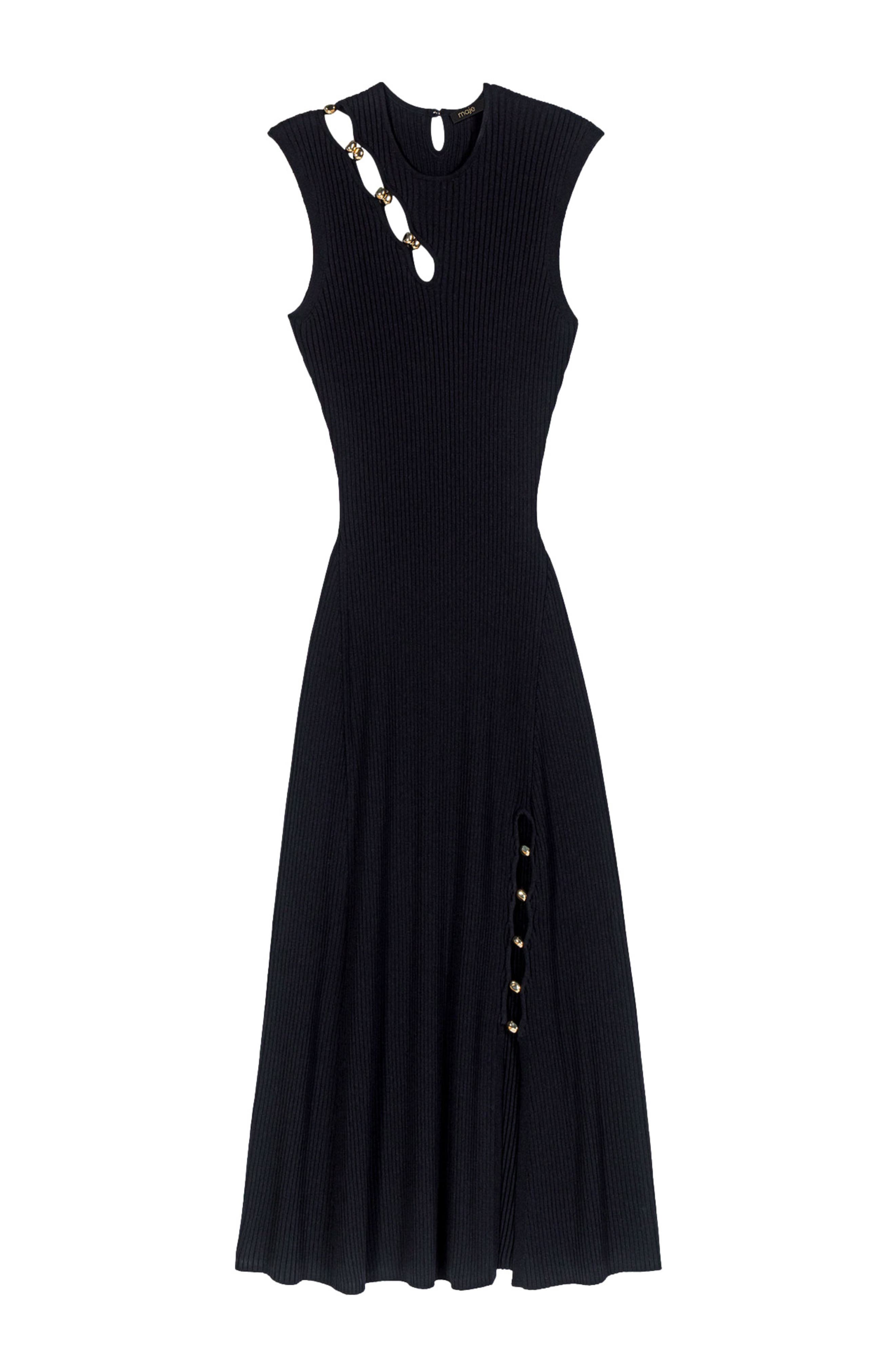 plt black textured rib knit cut out maxi dress Maje Cutaway Ribbed Dress