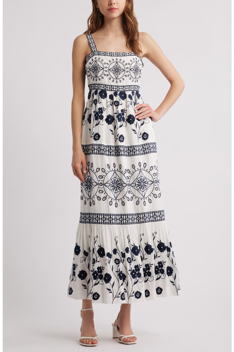 Embroidered Eyelet Sleeveless Maxi Dress, Main, color, NAVY WHITE