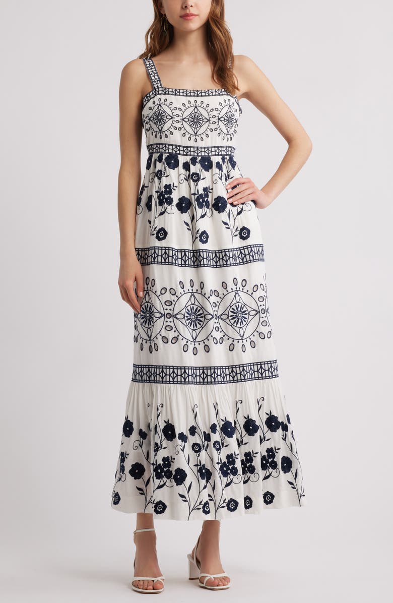 Chelsea28 Embroidered Eyelet Sleeveless Maxi Dress, Main, color, Navy White