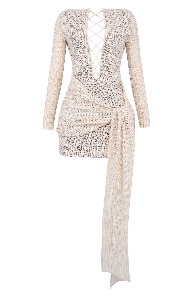 HOUSE OF CB Carmelita Plunge Long Sleeve Knit Minidress, Alternate, color, Natural