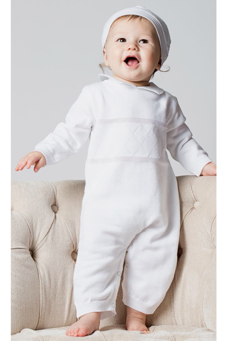 Elegant Christening Romper & Hat Set, Alternate, color, WHITE